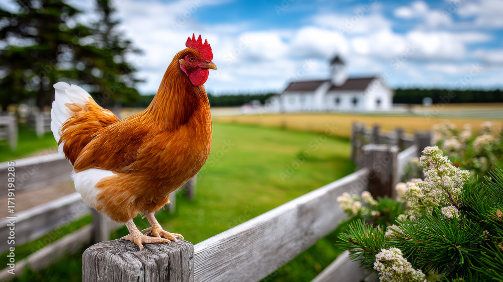 Fototapeta premium Brown rooster on fence by farm. A brown rooster perches on a wooden fence by a farm, with grass and a building in the background under a bright sky.