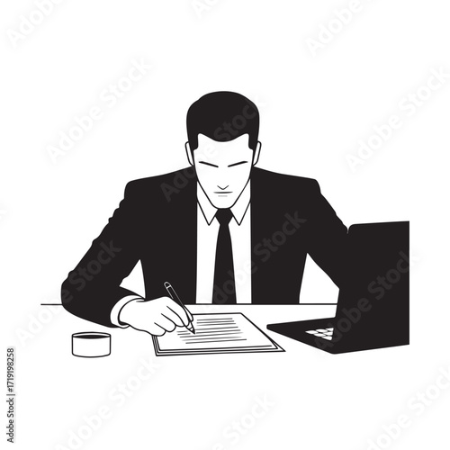 Black and white line art of a hardworking man at office desk with laptop and documents minimalist illustration