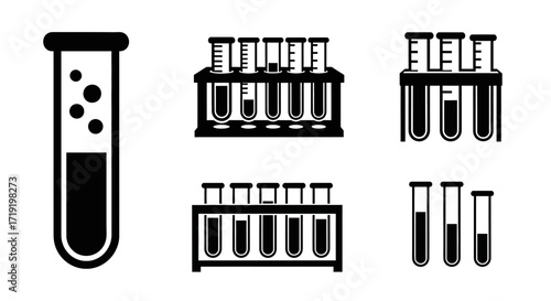 Icon Set Vector of Minimalist Black Silhouette Laboratory Test Tube Symbols