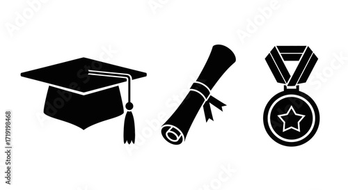 Icon Set Vector with Graduation Cap Diploma and Medal Symbols in a Simple Black Silhouette Style