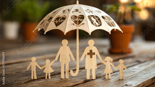 Family care under wood umbrella. Wooden figures of a family stand under an umbrella with health symbols, representing protection and care for loved ones.
