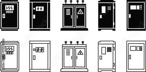 Electrical Control Panel Icon Set Black Flat and Line Style Cabinet Symbol Collection Group of Switchboard, Fuse Box, Circuit Breaker, Power Box, Switchgear, Distribution Board Vector