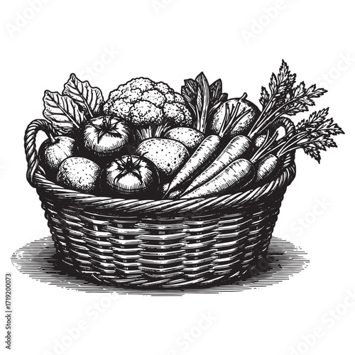 vegetable on basket engraving vector style