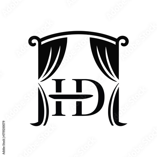 HD initials emblem with luxury sofa and curtain, minimalist home decor branding logo for interior designers, scalable vector graphic asset