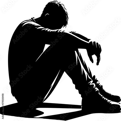 Solitary Silhouette: An evocative depiction of a man sitting alone in deep thought, expressing raw emotion.