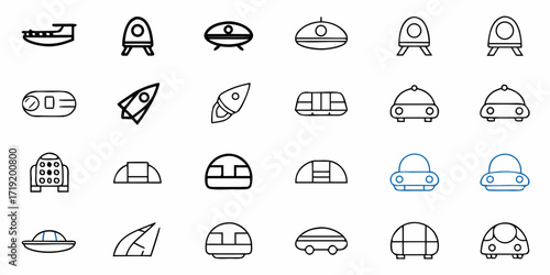 Collection of futuristic vehicles and spacecraft icons for modern technology projects and creative designs
