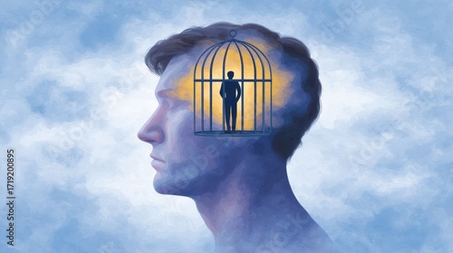 An image or thought in the head representing weakness and a loser mindset. Improving and developing oneself from being fearful and staying in the comfort zone.