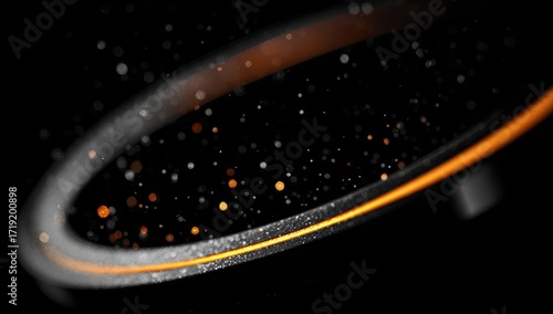 Abstract ring with orange glow, glittering particles on dark background