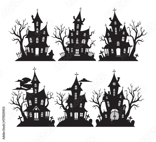 Vector silhouettes of a spooky haunted house and an old castle against a dark autumn night sky with a full moon and flying bats
