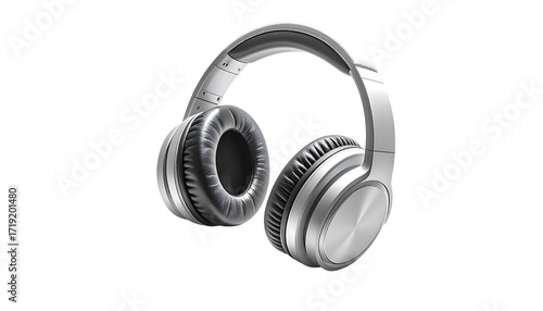 Silver over-ear headphones with black earcups, angled slightly to the right, showcasing a sleek, modern design