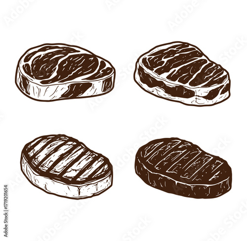 Delicious hand drawn steak cuts in a brown and white sketchy artistic style