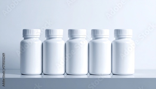 Five white pill bottles on a shelf against a light background