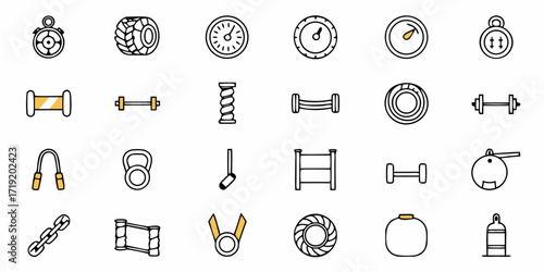 Gym and fitness equipment icons set for sports and workout goals including weights, tire, kettlebell, barbell, stopwatch, jump rope, and gym accessories