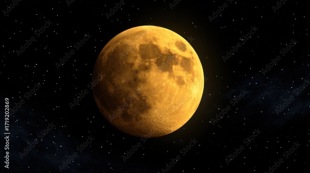 Fototapeta premium A Glowing Yellow Moon Illuminating the Dark Night Sky with Twinkling Stars Creating a Tranquil and Enchanting Celestial Scene for Stargazers