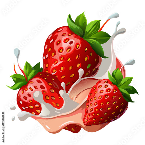 A colorful fruit splash with strawberries. Fresh Juicy Strawberries with Splash Effects - Realistic 3D Render. perfect for food packaging, dessert decoration, and healthy product design. 