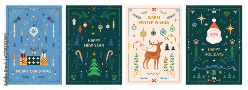 Merry Christmas and Happy New Year posters, greeting cards set. Festive postcards, winter holiday background designs with Xmas patterns, ornaments in Scandinavian style. Flat vector illustrations