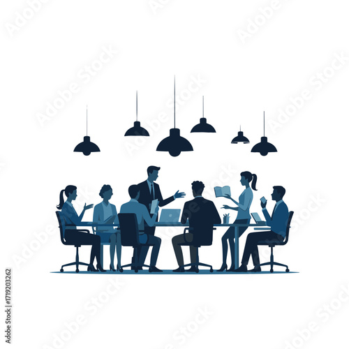 Diverse business team collaborates in modern meeting room discussing ideas under pendant lights
