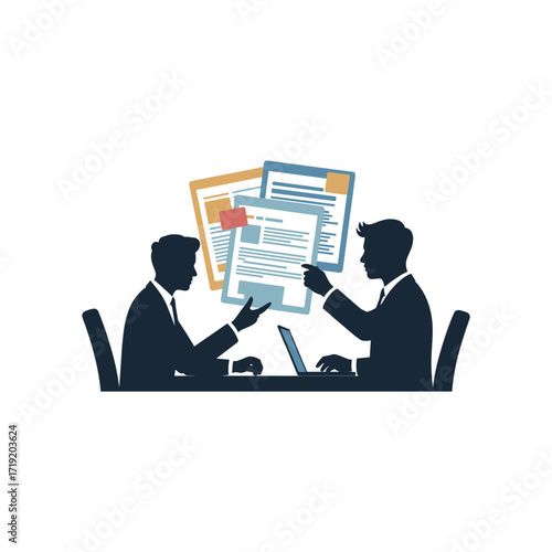 Two business professionals discussing financial reports and documents at a table with a laptop