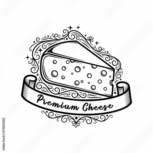 Detailed line art of a wedge of Swiss cheese with decorative flourishes and a banner reading "Premium Cheese".