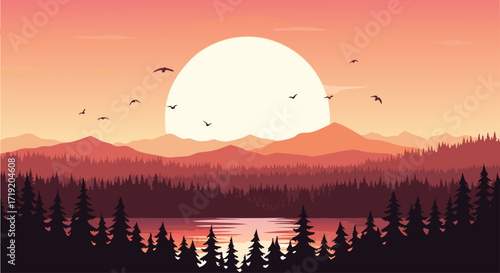 Sunset over Mountain Lake and Forest Silhouette