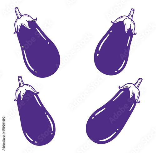 Four cartoonish eggplant illustrations in a purple color scheme isolated on a white background