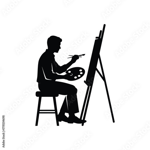 Vector art of silhouette of an artist painting on a canvas