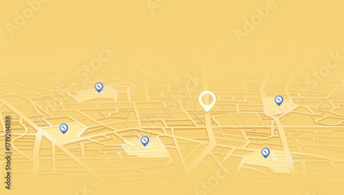 City navigation map with highlighted car service locations. Yellow background with blue repair tool icons, main white location marker. Urban GPS navigation, service search concept. Vector illustration