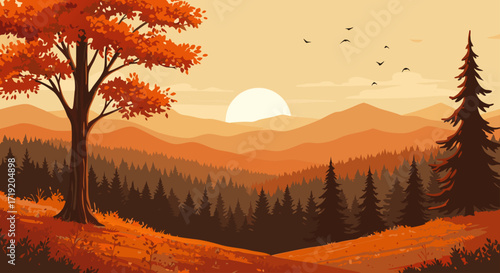 Vibrant Autumn Landscape at Sunset with Rolling Hills and Silhouetted Trees