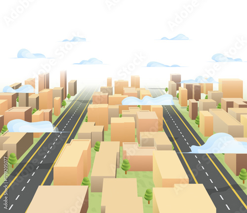 Concept urban development city. Modern architecture and highway perspective 3D cityscape with parallel roads. Vector illustration general cityscape background.