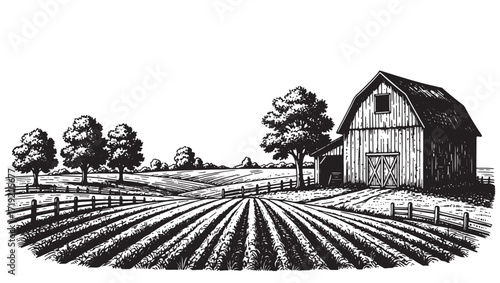 barn farm landscape engraving vector style