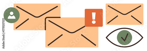 Envelopes with user icon, exclamation mark for alerts, and eye with checkmark for read confirmation. Ideal for email management, online messaging, notifications, alerts, communication, inbox