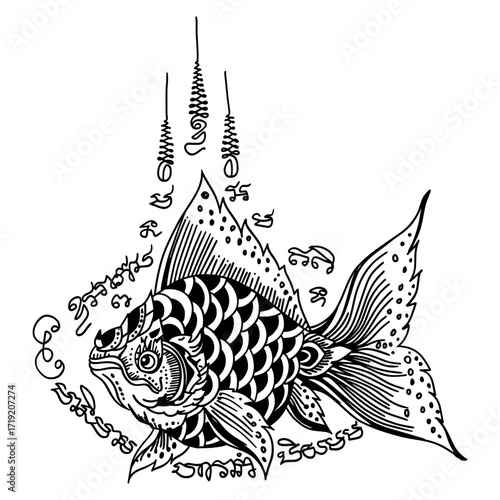 a Yantra, a sacred Thai tattoo, featuring a goldfish with traditional magical scripts and symbols. Thai text translation: a belief in luck, wealth, and prosperity.