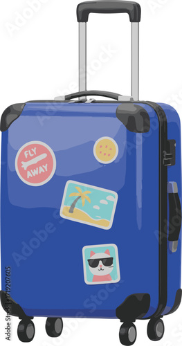 3D vector icon of travel suitcase with stickers and telescopic handle, glossy plastic texture