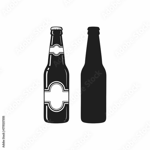 Two dark beer bottles, one with a white label and the other a silhouette, on a white background.