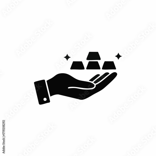 A stylized black silhouette depicts an open hand gently holding a stack of gleaming gold bars, symbolizing wealth, investment, and financial prosperity.