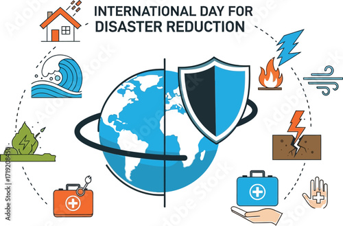 International day for disaster reduction illustration featuring earth globe with a shield surrounded by symbols of natural disasters and emergency aid promoting awareness and safety