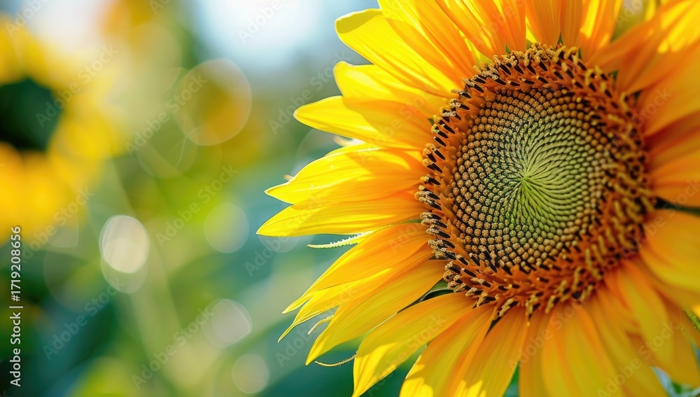 Fototapeta premium Close-up of a vibrant sunflower in a field, bathed in sunlight, with a shallow depth of field blurring the background