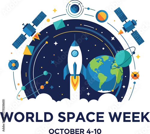 Celebrating world space week with a vibrant illustration of a rocket launching into orbit surrounded by satellites and planets on a dark blue background filled with stars and geometric shapes