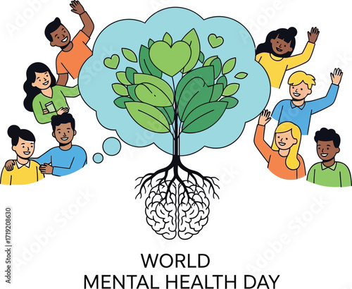 Diverse group celebrates world mental health day with tree growing from brain roots symbolizing growth and wellbeing surrounded by supportive community on white background