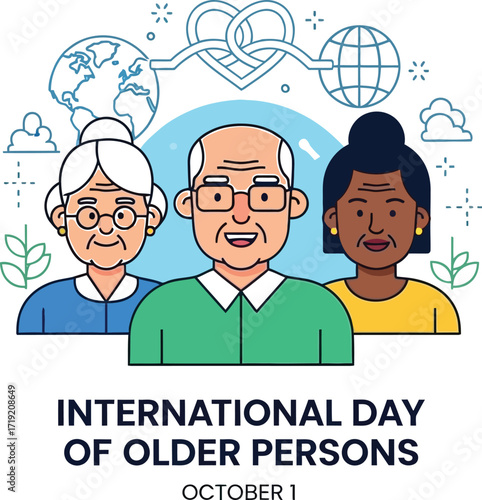 Illustration celebrating international day of older persons with diverse senior citizens and interconnected earth globes symbolizing global community and unity on october first