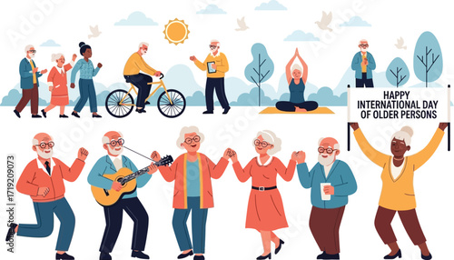 Diverse group of active older adults celebrating international day of older persons with activities like yoga cycling walking playing guitar and holding a banner outdoors