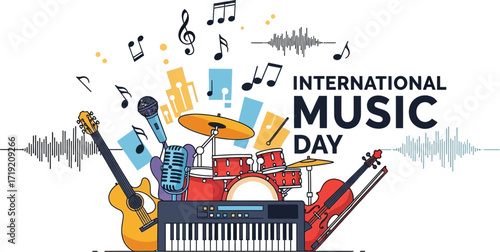 Vibrant illustration celebrating international music day with instruments and musical notes creating a festive atmosphere for music lovers and cultural events worldwide