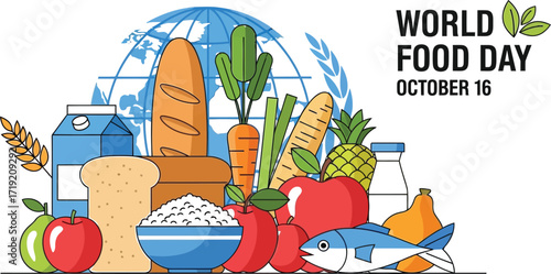 Colorful illustration promoting world food day with fresh produce grains and fish against a backdrop of the earth globe and the date october 16th in a clean modern style perfect for awareness campaign