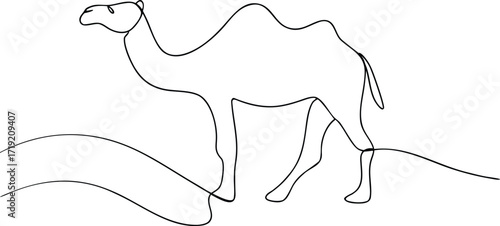 Single line drawing of a dromedary camel standing on sand dunes