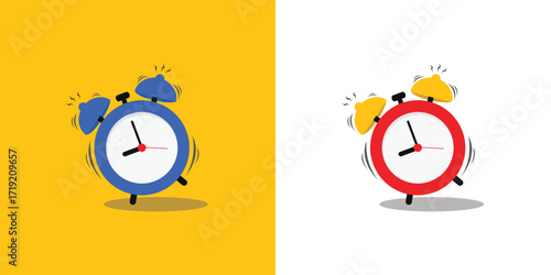 Set of Ringing alarm clock. Wake up timer clock. Morning timer clock cartoon design. Ringing watch. Reminder clock isolated on white background.