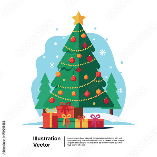 Festive Christmas Tree Decorated with Ornaments and Gifts Under Snowfall