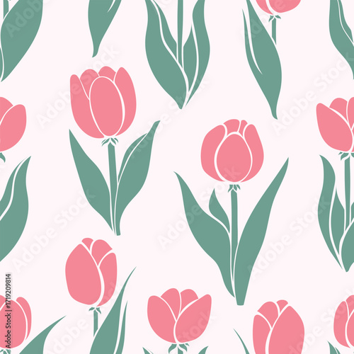 A versatile vector seamless pattern. This abstract design features vibrant stylized tulips, creating a dynamic and cheerful texture against a clean white background.