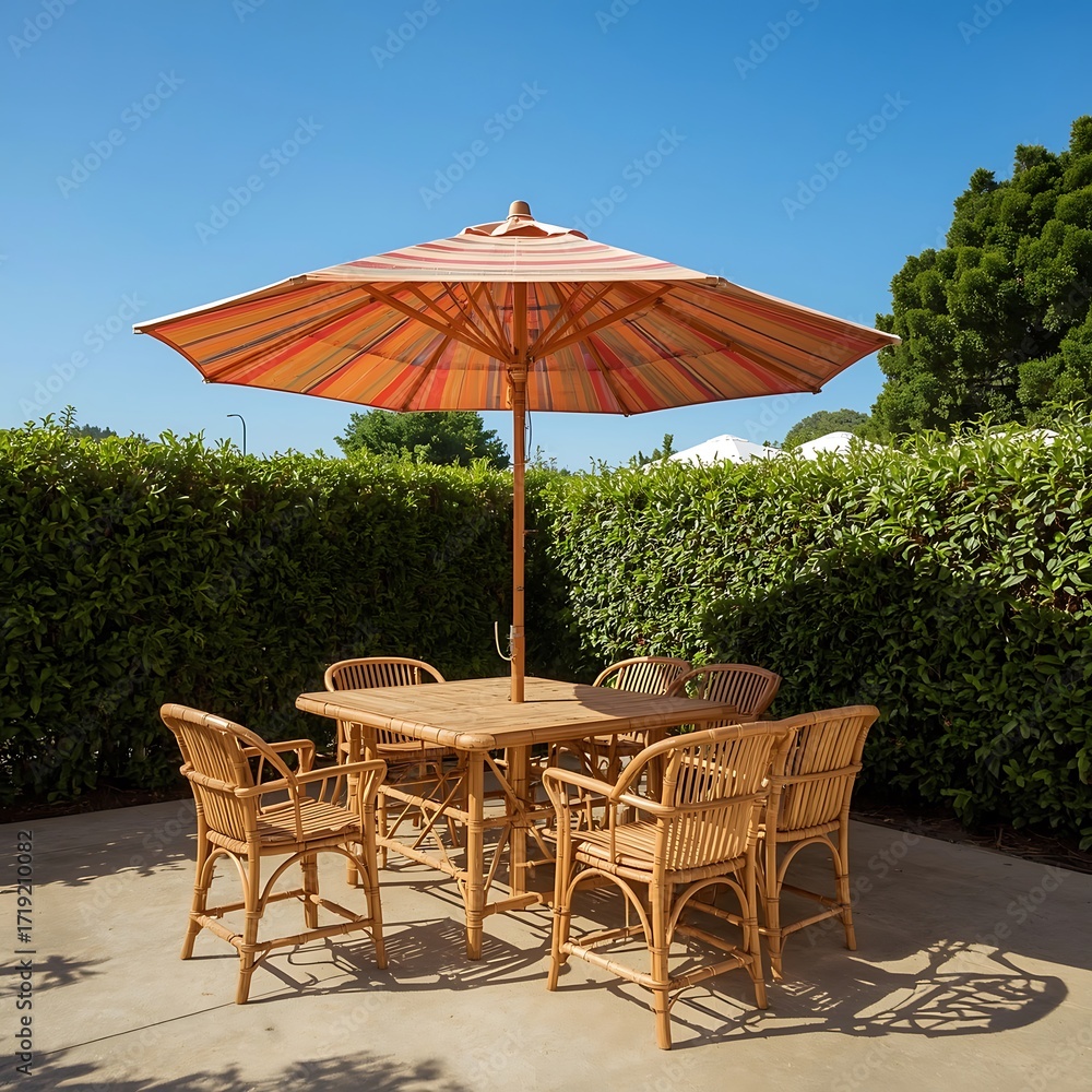 Fototapeta premium Bamboo Outdoor Dining Set Under a Striped Umbrella on a Sunny Day