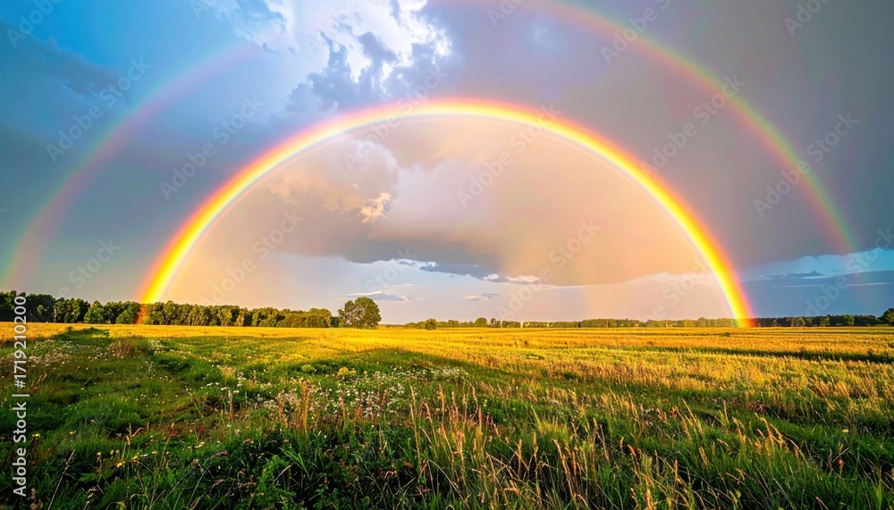 Naklejka premium Subtle double rainbow remnant over calm field soft rain texture central copy area representing gentle weather optics and pastoral serenity suitable for education visuals travel inspiration