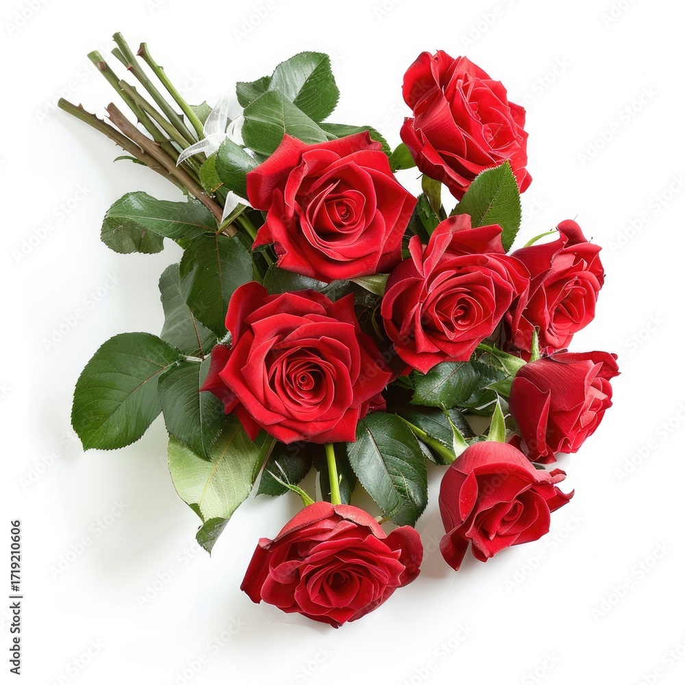 Obraz premium A vibrant bouquet of eight deep red roses, stems bound together, rests on a stark white background, showcasing their rich color and lush petals